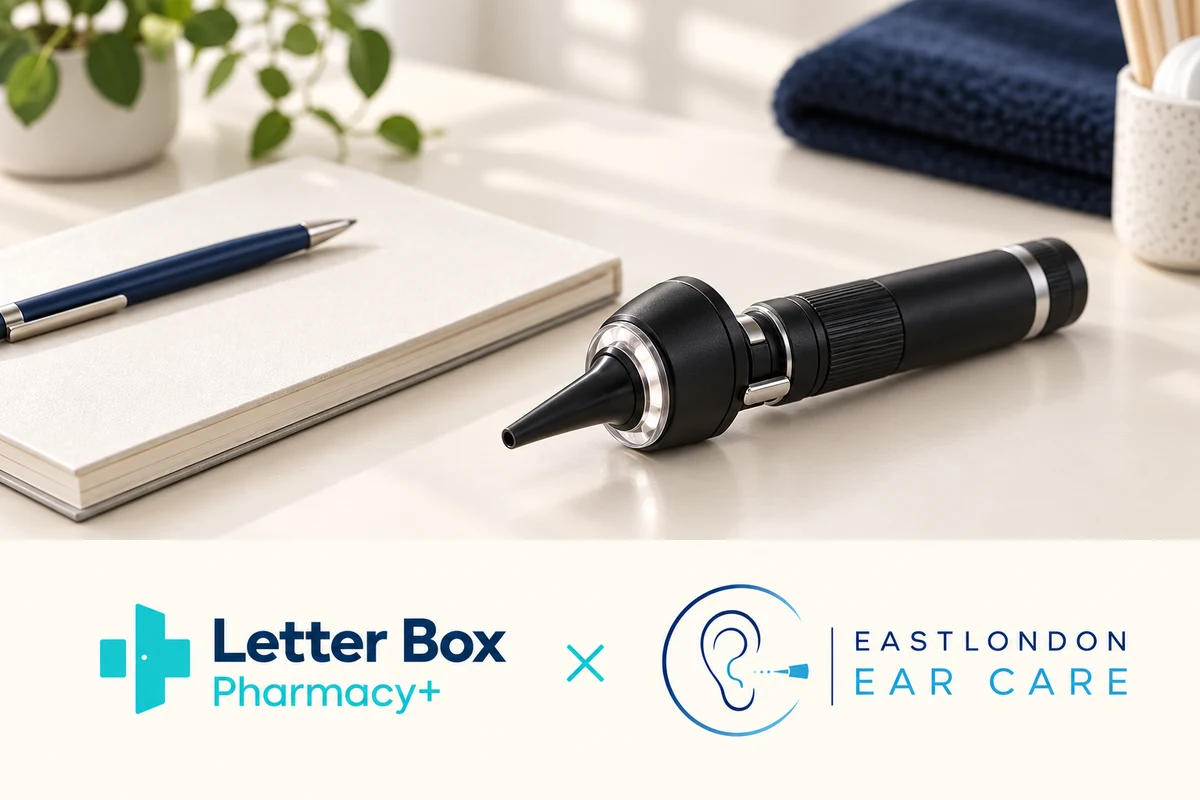 Letter Box Pharmacy and East London Ear Care partnership, illustrated with an ear-examination still life