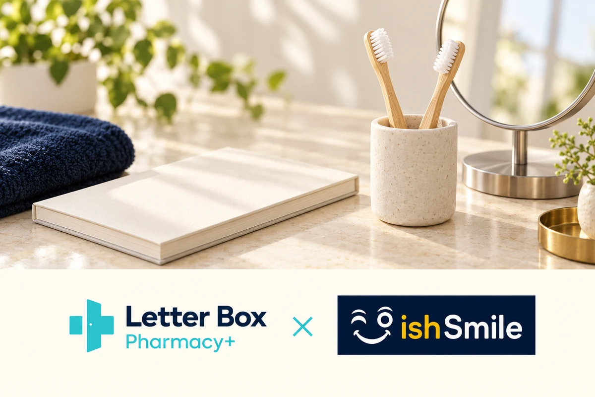 Letter Box Pharmacy and ishSmile partnership, illustrated with an oral-care still life
