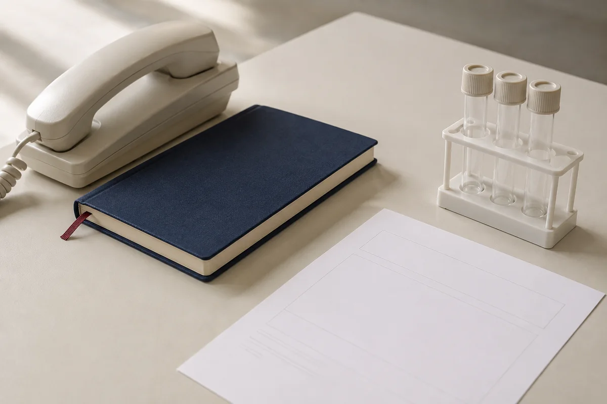 A telephone, notebook and empty specimen tubes illustrating the conversation and testing stages of assessment